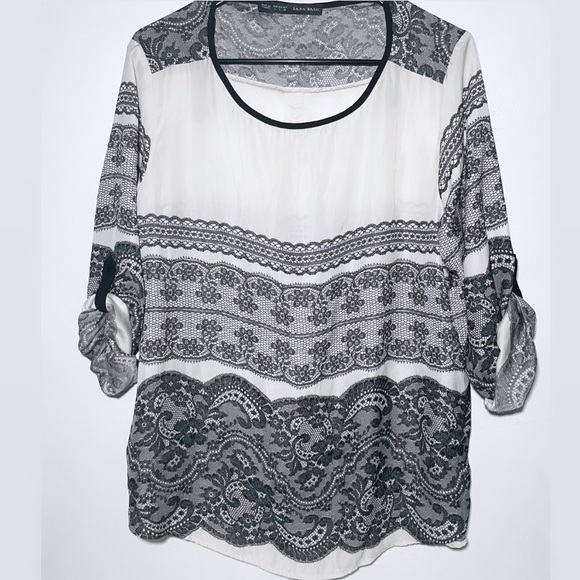 Zara Tops - ZARA WOMEN IVORY BLACK WHITE FLORAL TAB SLEEVE LARGE LIGHTWEIGHT BLOUSE High Low